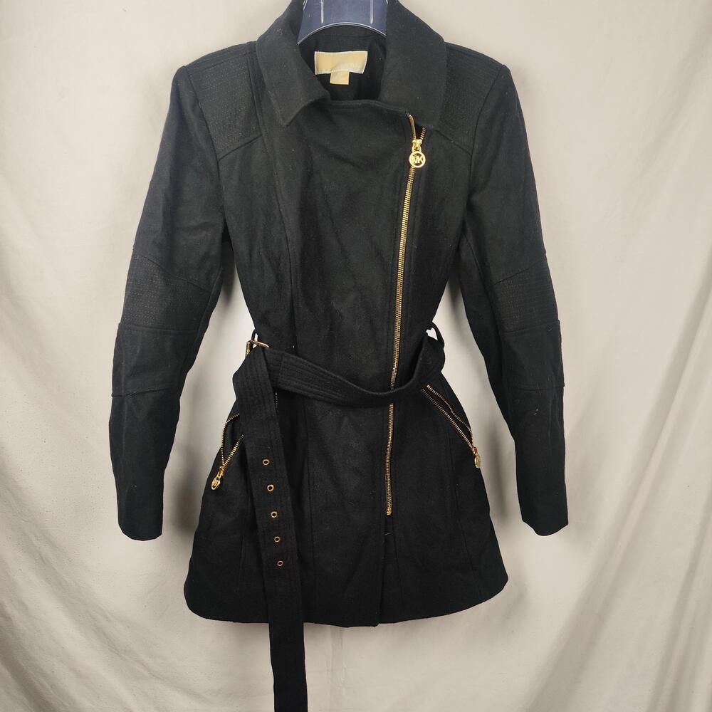 Michael Kors Coat Womens Petite Small Black Wool Mid Length Belted Moto Zip